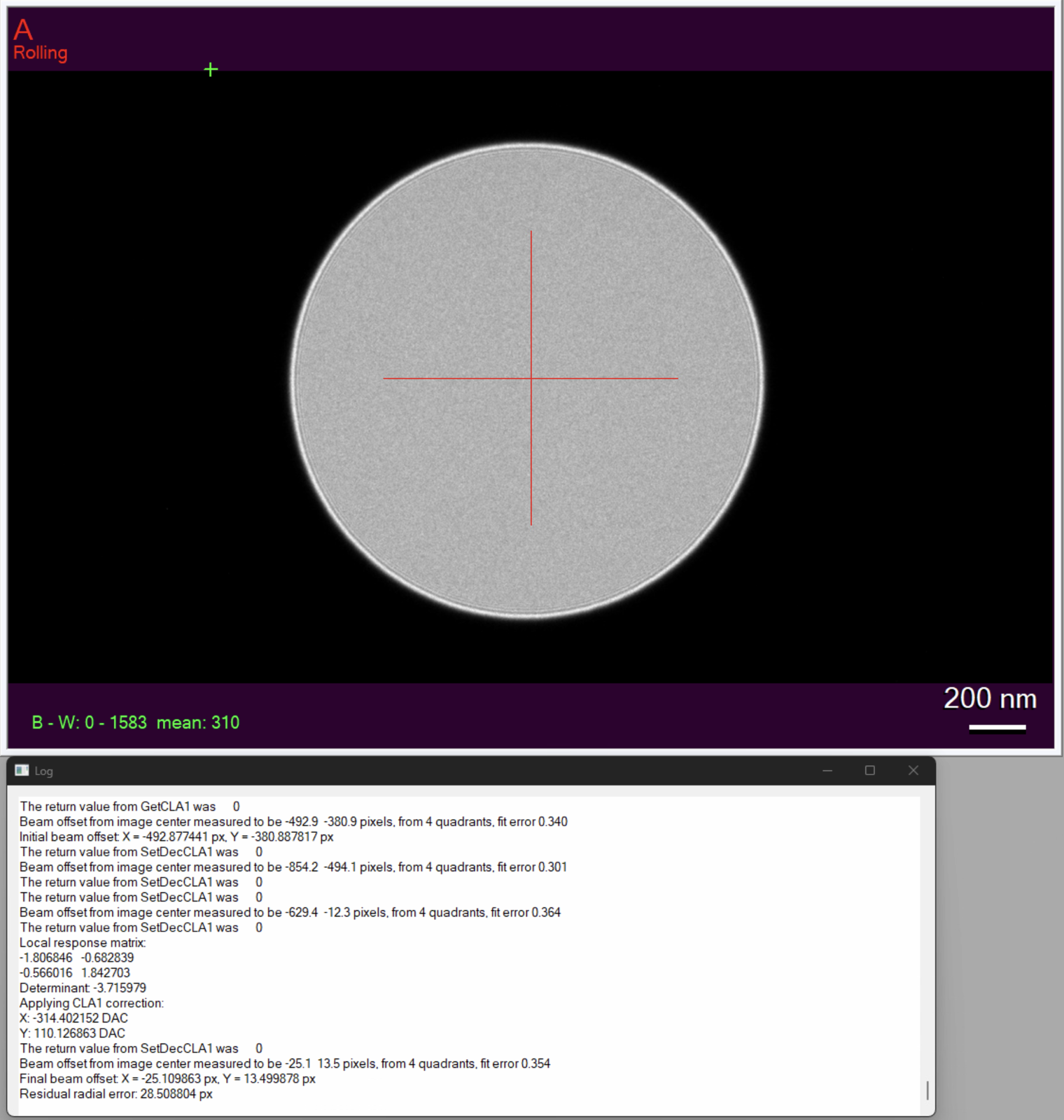SerialEM showing the electron beam after self-calibrating CLA1 beam centring, together with the SerialEM log containing the measured response matrix and calculated CLA1 correction.